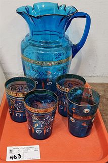 Tray Vict Hand Blown Blue Glass Pitcher W/ Enameling + 4 Glasses