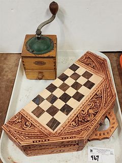 Tray Odax Coffee Grinder + Carved + Inlaid Chess Set 