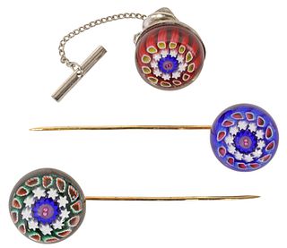 (3) FRENCH ST. LOUIS MILLEFIORI CABOCHON TIE TACK & 14KT GOLD STICK PINS
