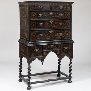 William and Mary Black and Gilt Japanned Chest on Stand