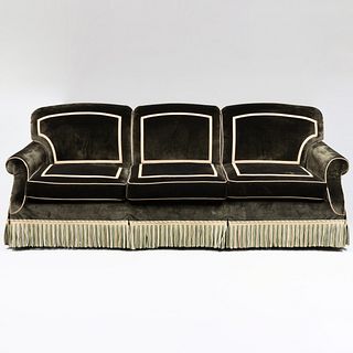 Large Olive Green Velvet Sofa with Fringe, Designed by Peter Marino