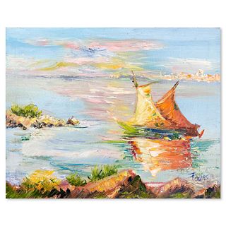Elliot Fallas, "Seaside Boats" Original Oil Painting on Canvas, Hand Signed with Letter of Authenticity.