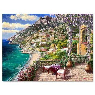 Sam Park, "Amalfi Patio" Hand Embellished Limited Edition Serigraph on Canvas (30" x 40"), Numbered and Hand Signed with Letter of Authenticity.