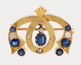 [FABERGE] A GOLD BROOCH SET WITH SAPPHIRES AND DIAMONDS, MARKED MP IN CYRILLIC FOR FABERGE WORKMASTER MICHAEL PERCHIN, ST. PE