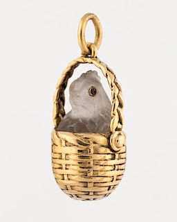 [FABERGE] A GOLD EGG PENDANT WITH A HARDSTONE CHICKEN IN A BASKET, MARK OF FABERGE WORKMASTER HENRIK WIGSTROM, ST. PETERSBURG