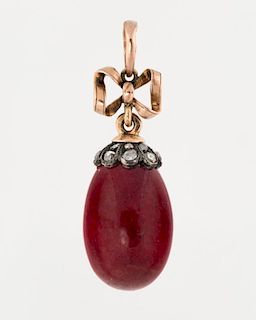 [FABERGE] A MINIATURE PURPURINE EGG PENDANT WITH A GOLD BOW AND DIAMONDS, MARKED KF IN CYRILLIC FOR KARL FABERGE, LATE 19TH-E