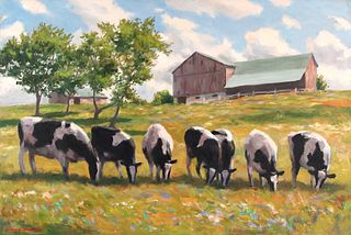 HOLSTEINS GRAZING AND BARN by Douglas Edwards