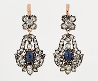 A PAIR OF ANTIQUE RUSSIAN DIAMOND AND SAPPHIRE DROP EARRINGS, MARKED AT, BEFORE 1926