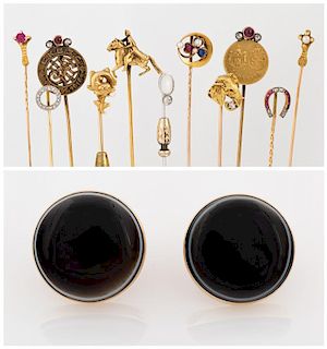 A PAIR OF GOLD AND HARDSTONE CUFFLINKS BY NICHOLLS & PLINCKE, ST. PETERSBURG, MID 19TH CENTURY, AND A GROUP OF ELEVEN STICK P