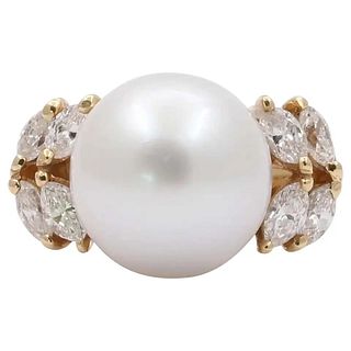 Vintage South Sea Pearl Diamonds 14K Yellow Gold Cocktail Ring