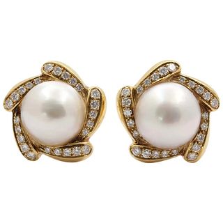 Large Mabe Pearl Diamonds Pinwheel French Clip Earrings