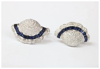 Elegant Scallop Shell Diamonds Sapphire 18K White Gold Vintage Earrings