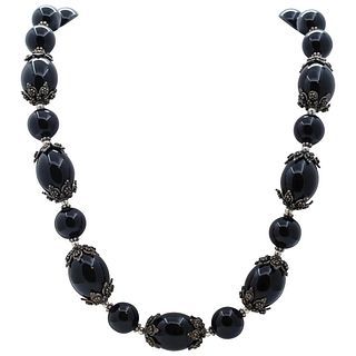 Meran Large Black Onyx Bead and 925 Sterling Silver Vintage Necklace