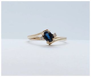 Vintage Bypass Blue Sapphire Diamonds 14K Yellow Gold Ring