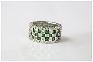 Vintage Checkerboard Tsavorite Garnet and Diamond 18K White Gold Ring