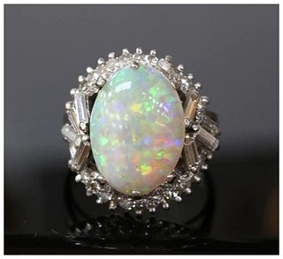 Vintage 1960's Australian Opal and Diamond 14K White Gold Statement Ring