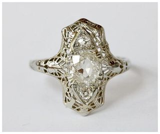 Stunning Art Deco 18K White Gold Filigree Three Diamonds Shield Ring