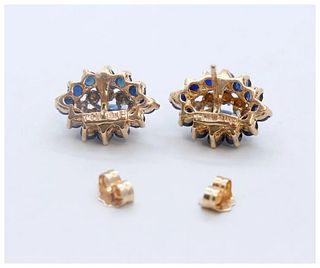 Vintage Ladies Blue Sapphire Diamonds 10K Yellow Gold Cluster Earrings