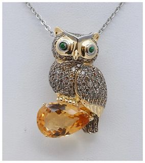 Vintage Owl Pendant 18K Yellow White Gold Citrine Diamonds Emeralds
