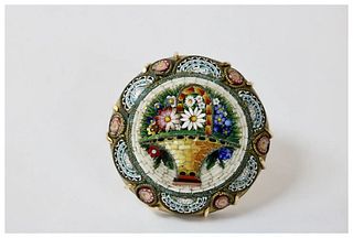 Victorian Revival Italian Micro Mosaic Flower Basket Brooch Pin