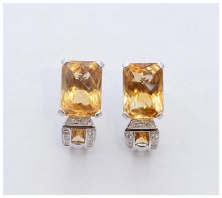 Elegant Citrine Diamonds 14K White Gold French Clip Earrings