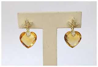 Vintage Ladies Heart Cut Citrine Diamonds 18K Yellow Gold Earrings