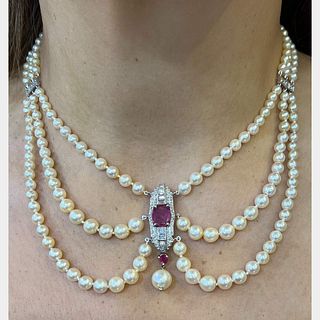 Art Deco Platinum Pearl & Ruby Necklace