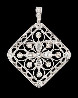 AN EDWARDIAN STYLE WHITE GOLD AND DIAMOND PENDANT WITH BROOCH CONVERSION
