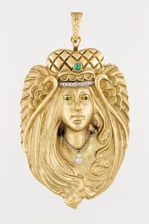 AN IMPRESSIVE ART NOUVEAU STYLE GOLD PENDANT BROOCH WITH EMERALD AND DIAMOND ACCENTS, HAMMERMAN BROTHERS