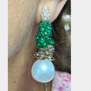 18K Yellow Gold South Sea Pearl, Emerald, and Diamond Earrings