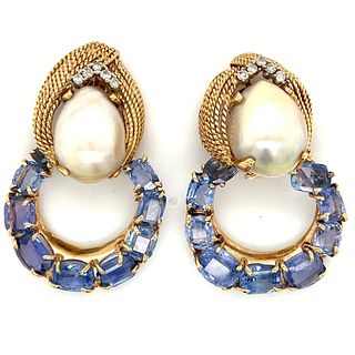 14K Yellow Gold Ceylon No-heat Sapphire and South Sea Pearl Earrings