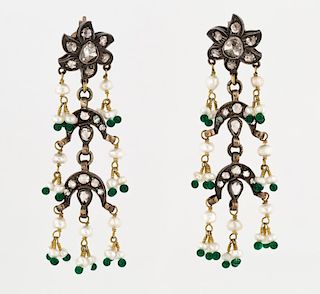 A PAIR OF ANTIQUE INDIAN CHANDELIER EARRINGS WITH SEED PEARLS AND GEMSTONES