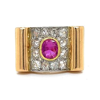 French Retro 18K Yellow Gold Burma Ruby & Diamond Ring