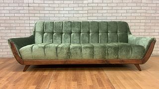 Mid Century Modern Adrian Pearsall Style Gondola Sofa Newly Upholstered in Box Tufted Green Shag Fabric
