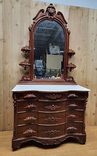 Antique Victorian Flame Mahogany Marble Top Dresser with Carved Pulls and Candle-Shelf Mirror