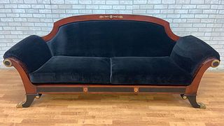 Vintage Mahogany Scroll Arm Sofa with Vintage-Inspired Upholstery and Classic Grecian Design
