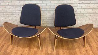 Mid Century Modern Hans Wegner Attributed Bent Plywood 3-Leg Shell Chairs - Pair