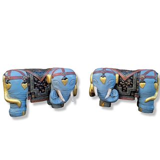 Authentic Antique Asian Elephant-Shaped Garden Stools with Intricate Polychrome Finish - Pair