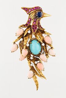 A JEWELED GOLD BROOCH IN THE FORM OF A WOODPECKER, 1950S-1960S
