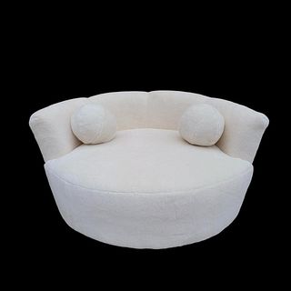 Mid Century Modern Milo Baughman Style Swivel Love Lounge Newly Upholstered in a High End Natural Shearling