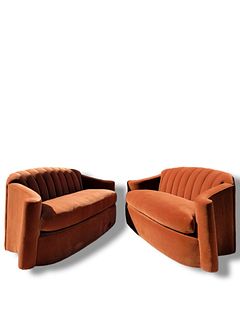 Mid Century Modern Channel Back Sofas by Larry Laslo for Directional Newly Reupholstered in a Burnt Orange Mohair - Pair