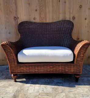 Vintage Arched Camel Back Flare Arm Woven Wicker Settee