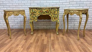 Antique Venetian Hand Painted Yellow Vanity Desk with 2 Side Tables - 3 Piece Set