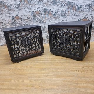 Vintage Chinese Carved Decorative Elm Side Tables with Light - Pair