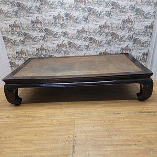 Elegant Antique Elm and Woven Rattan Top Opium Bed Coffee Table