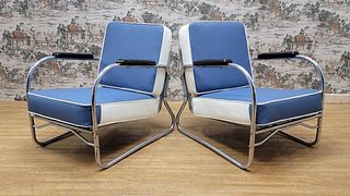 Art Deco Chrome Tubular Lounge Chairs Newly Upholstered in Leather - Pair
