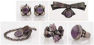 A SIX PIECE STERLING AND AMETHYST PARURE SET, WILLIAM SPRATLING, MEXICO, MID 20TH CENTURY
