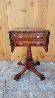 Antique Empire Carved Flame Mahogany 2 Drawer Drop-Leaf Sewing Work/Side Table