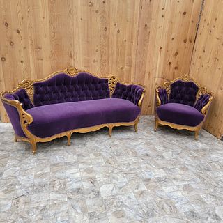 Antique Louis Style Carved Ornate Parlor Set Newly Upholstered in Purple Mohair - 2 Piece Set