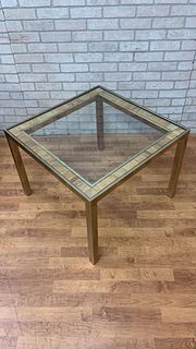 Mid Century Modern Rattan and Gold Brass Glass Top Side Table
